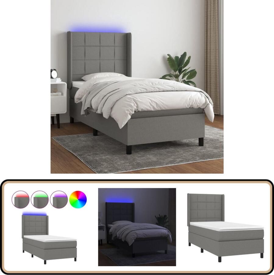 VidaXL Boxspring Met matras en LED 90x200 cm Donkergrijs Boxspring Led Bed Donkere Kleuren Slaapcomfort Pocketed Veren Hoofdbord Adjustable Headboard Frame Bed