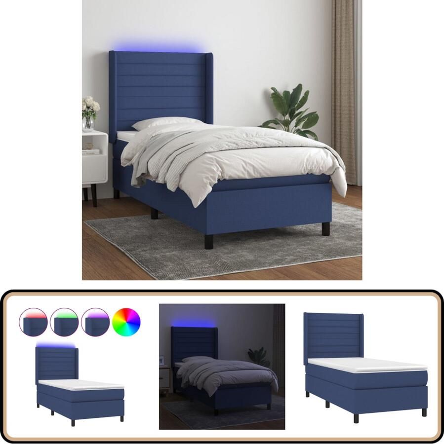 VidaXL Boxspring met matras en LED Blauw 100x200 cm Boxspring Led Lamp Pocketveer Matras Hoofdbord Slaapcomfort