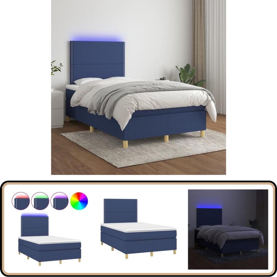 VidaXL Boxspring met matras en LED Blauw 120x200 cm Boxspring Led Lamp Slaapcomfort Verstelbare Hoofdbord Pocketveer Matras Blauwe Boxspring