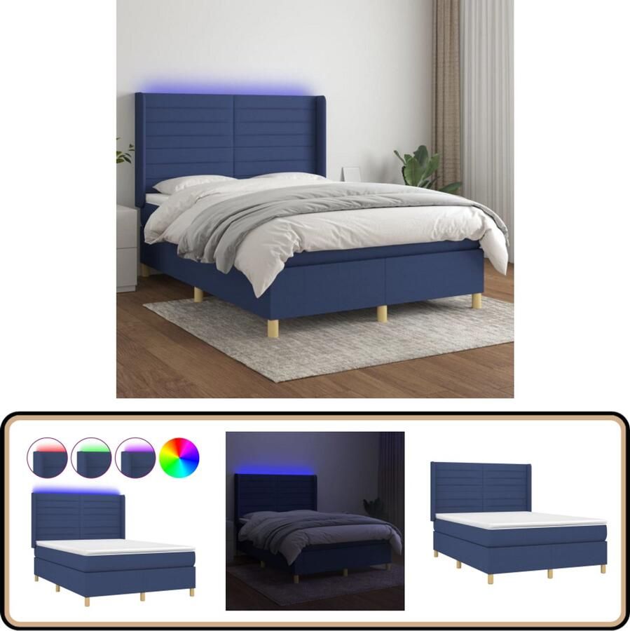 VidaXL Boxspring Met Matras en LED Blauw 140x200 cm Boxspring Bed Slaapcomfort Led Verlichting Pocketing Matras Blauwe Boxspring Hoofdboard Frame