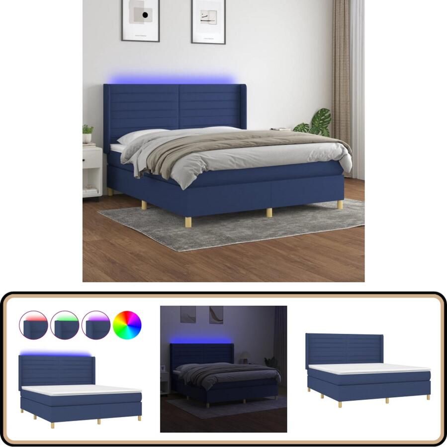 VidaXL Boxspring met matras en LED Blauw 160x200 cm Boxspring Bed Led Bed Pocketed Spring Mattress Hoofdboard Slaapcomfort