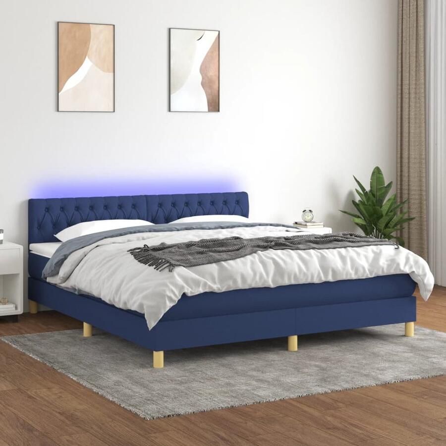 VidaXL Boxspring met matras en LED Blauw 160x200 cm Boxspring Led Bed Slaapcomfort Tweepersoonsbed Blauwe Bed Pocketveer Matras - Foto 2
