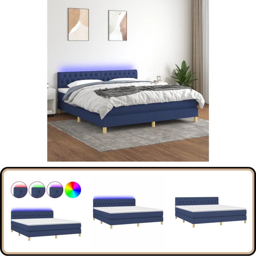 VidaXL Boxspring met matras en LED Blauw 160x200 cm Boxspring Led Bed Slaapcomfort Tweepersoonsbed Blauwe Bed Pocketveer Matras
