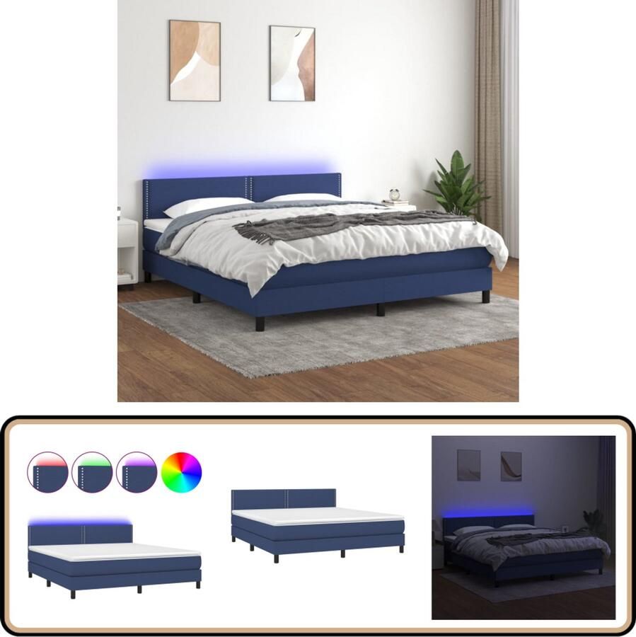 VidaXL Boxspring met LED Stof Blauw 180x200 cm Boxspring Led Lamp Pocketveer Matras Boxspring Bed Elektrisch Hoofdbord Blue Bedroom Furniture