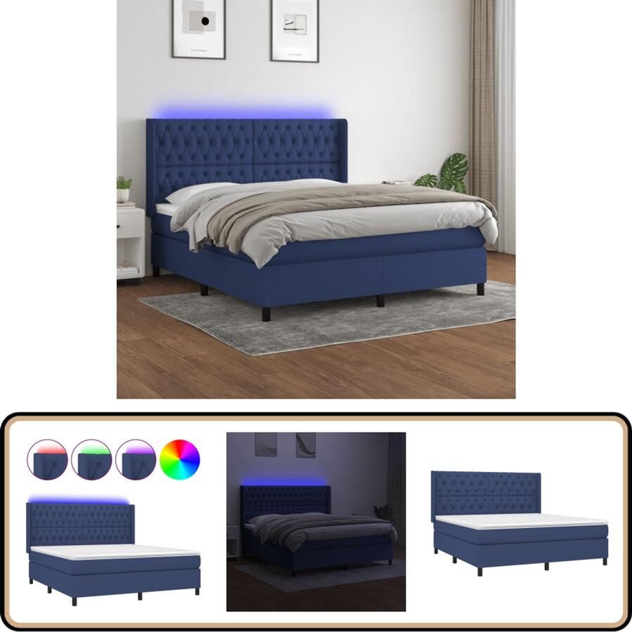 VidaXL Boxspring met matras en LED Blauw 160x200 cm Boxspring Led Lamp Pocketvering Blauwe Boxspring Slaapcomfort