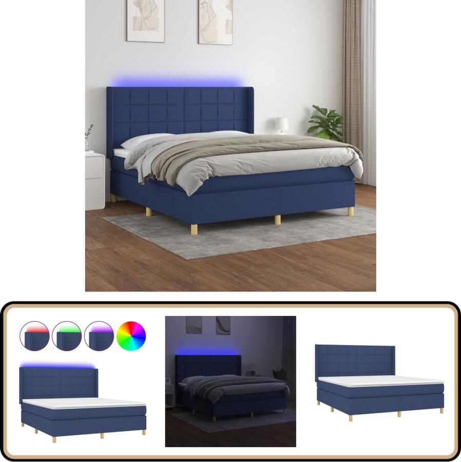 VidaXL Boxspring met matras en LED Blauw 160x200 cm Boxspring Led Lamp Slaapcomfort Pocketveer Matras Blauwe Boxspring Tweepersoons Bed Frame Bed Hoofdbord