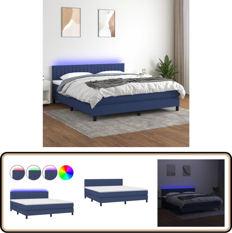 VidaXL Boxspring met matras en LED Blauw 180x200 cm Boxspring Boxsprings Bed Beds Slaapcomfort Led Lamp Verstelbare Hoofdbord Blauwe Kamer Design Bed Moderne Boxspring