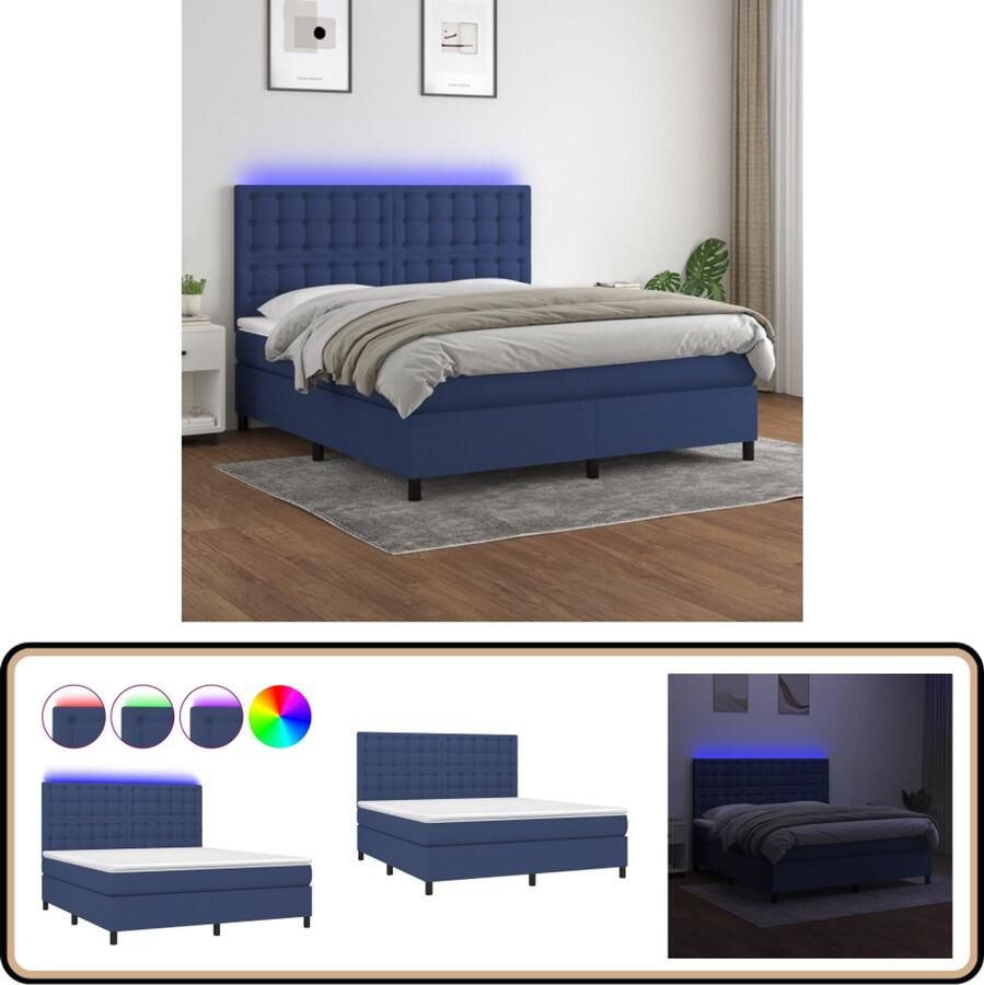 VidaXL Boxspring met matras en LED Blauw 180x200 cm Boxspring Led Bed Slaapcomfort Pocketvering Matras Blauwe Boxspring