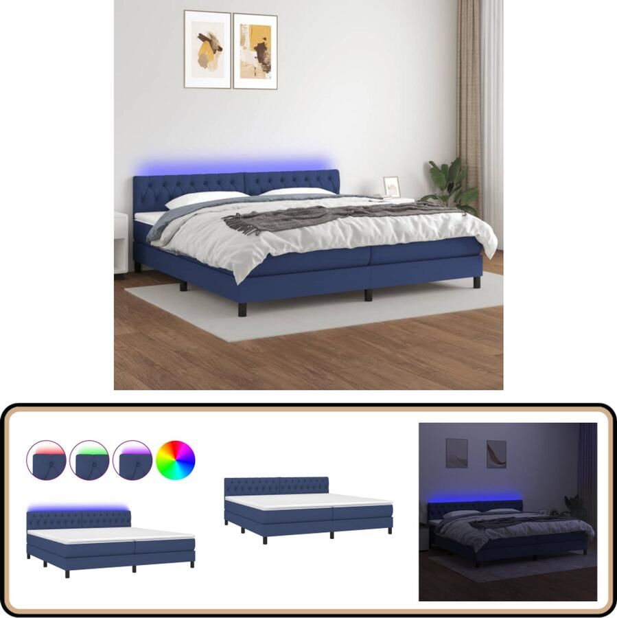 VidaXL Boxspring met matras en LED Blauw 200x200 cm Boxspring Led Bed Slaapcomfort Pocketveer Matras Blue Bed Frame Tweepersoons Bed King Size Bed