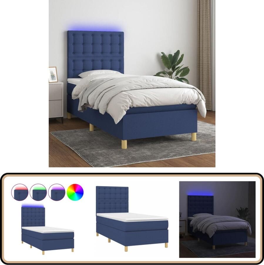 VidaXL Boxspring Met Matras En LED Blauw 90x190 cm Boxspring Bed Slaapcomfort Led Verlichting Verstelbare Hoofdbord Pocketing Matras Blue