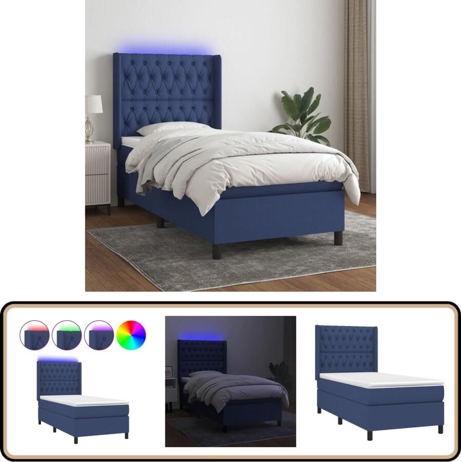 VidaXL Boxspring met matras en LED Blauw 90x190 cm Boxspring Led Bed Slaapcomfort Pocketed Spring Mattress Frame Bed Blauwe Boxspring Tweepersoons Bed Hoofdbord Nachtlampje