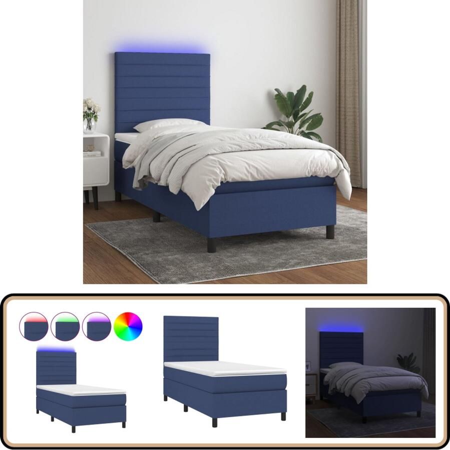 VidaXL Boxspring met matras en LED Blauw 90x190 cm Boxspring Led Boxspring Met Led Slaapcomfort Slaapkamers Tweepersoonsbed Blauwe Boxspring Pocketed Veren Matras Lederlook