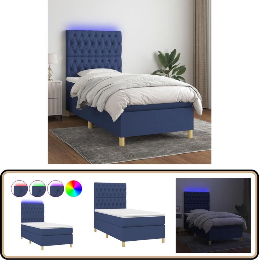VidaXL Boxspring met matras en LED Blauw 90x200 cm Boxspring Bed Boxspring Slaapcomfort Led Verlichting Verstelbare Hoofdbord Pocketing Matras Huidgevend Topmatras