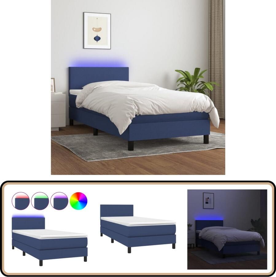 VidaXL Boxspring met matras en LED Blauw 90x200 cm Boxspring Led Lamp Slaapcomfort Verstelbare Hoofdbord Pocketveer Matras