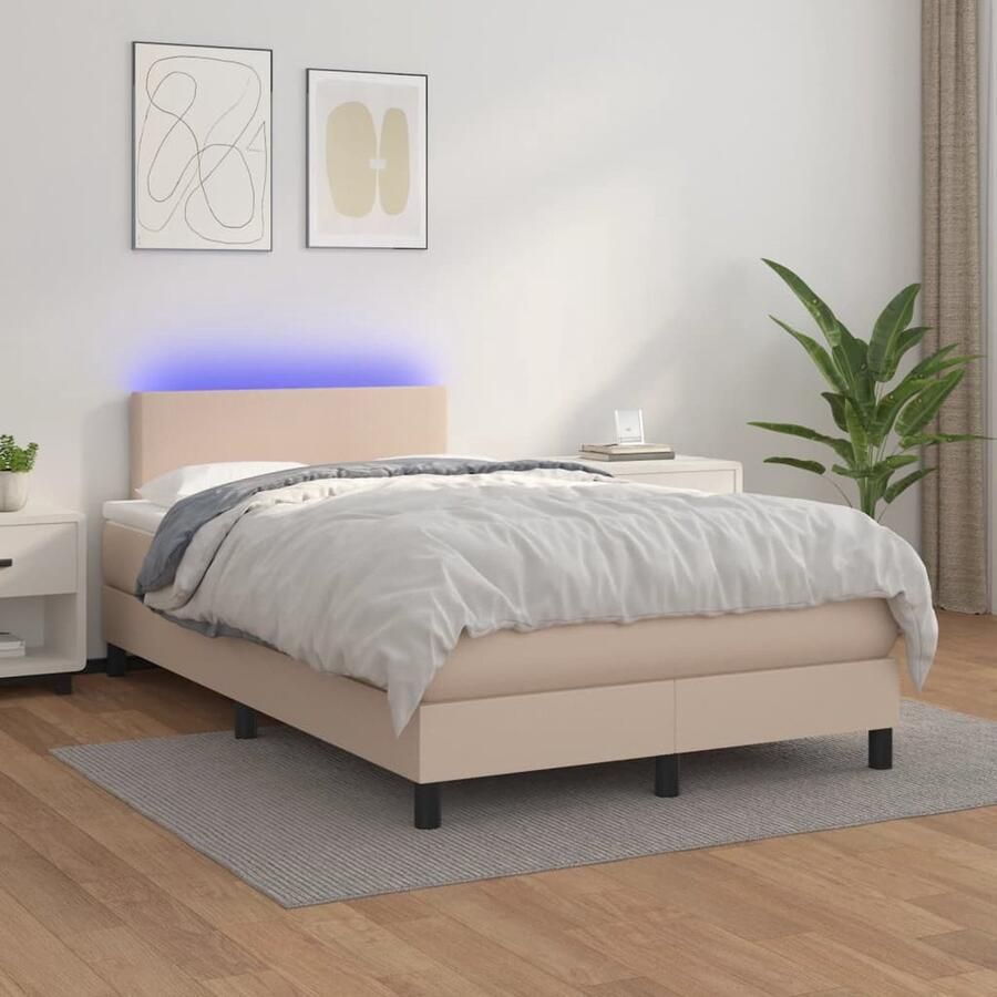 VidaXL Boxspring met matras en LED Cappuccino 120x200 cm Boxspring Lederlook Kapstok Tweepersoonsbed Bruine Bedbank Led Lamp - Foto 2