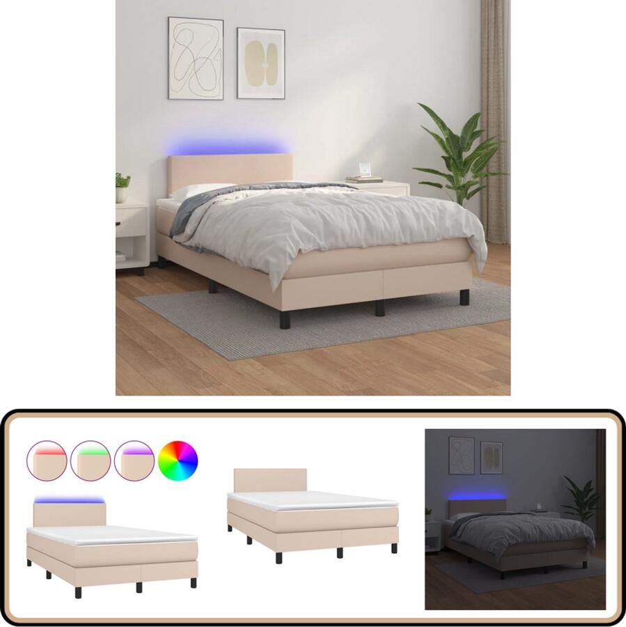 VidaXL Boxspring met matras en LED Cappuccino 120x200 cm Boxspring Lederlook Kapstok Tweepersoonsbed Bruine Bedbank Led Lamp