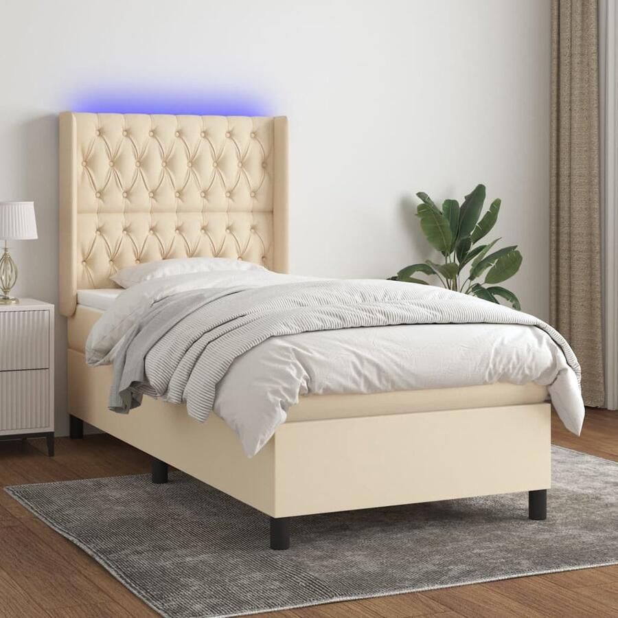 VidaXL Boxspring met matras en LED crèmekleurig 100x200 cm Boxspring Led Lamp Boxspring Frame Pocketveer Matras Creme Kleurstelling Slaapcomfort Bedroom Furniture - Foto 2