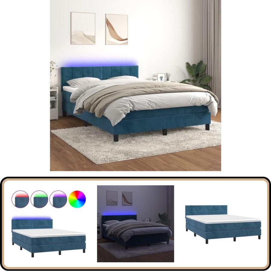 VidaXL Boxspring met matras en LED Donkerblauw 140x190 cm Boxspring Donkere Blauwe Boxspring Velvet Boxspring Verstelbare Boxspring Led Boxspring