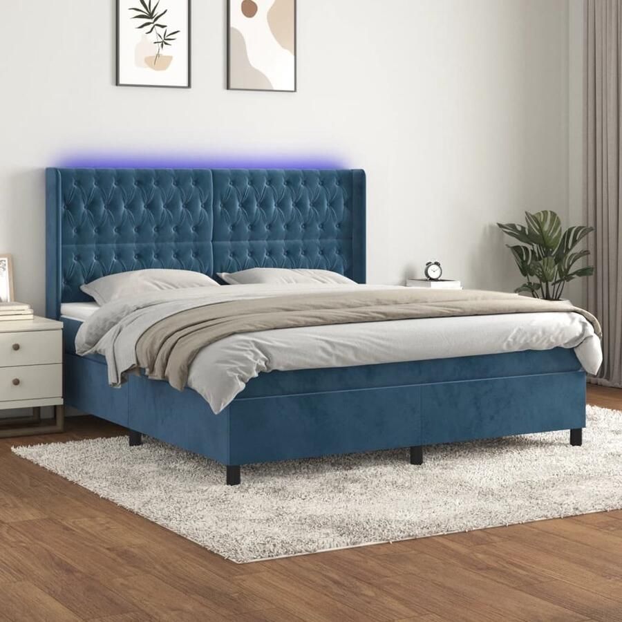 VidaXL Boxspring met matras en LED Donkerblauw 180x200 cm Boxspring Led Lamp Velvet Bed Tweepersoonsbed Donkere Kleuren Slaapcomfort - Foto 2