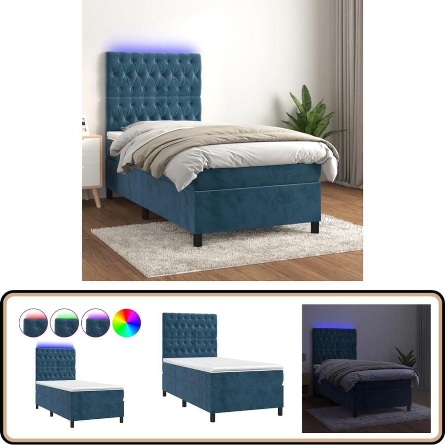 VidaXL Boxspring Fluweel Donkerblauw 80x200 cm Boxspring Donkere Kleuren Fluweel Led Verlichting Tweepersoonsbed Slaapcomfort Bedroom Decoratie