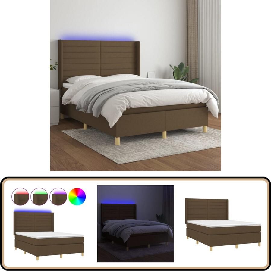 VidaXL Boxspring met matras en LED Donkerbruin 140x190 cm Boxspring Led Bed Bruine Boxspring Pocketveer Matras Slaapcomfort
