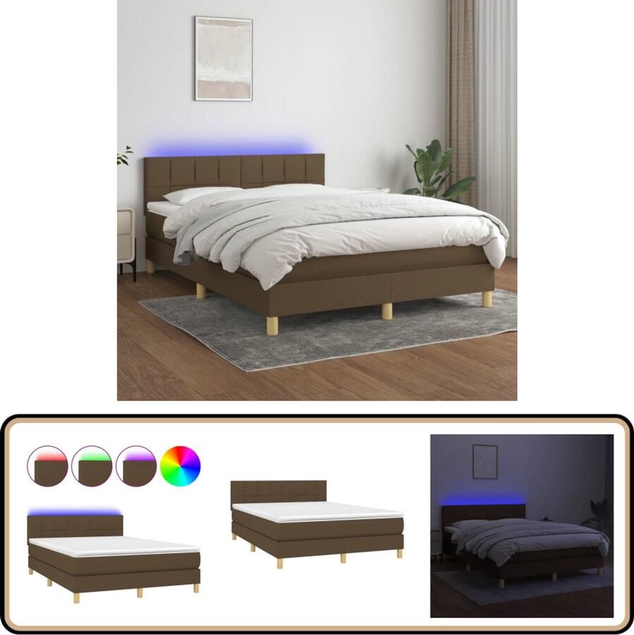 VidaXL Boxspring met matras en LED Donkerbruin 140x200 cm Boxspring Donkere Bruine Boxspring Led Boxspring Met Led Pocketed Veren Matras