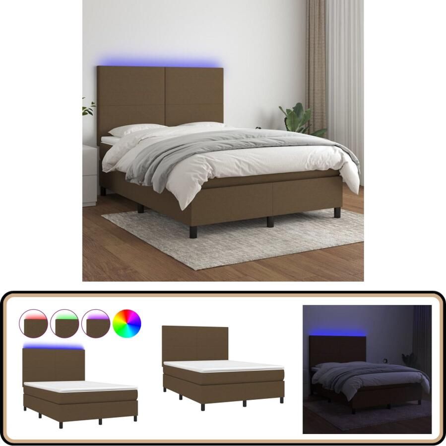 VidaXL Boxspring met matras en LED Donkerbruin 140x200 cm Boxspring Led Boxspring Donkere Boxspring Pocketveer Matras Boxspring Frame Slaapcomfort Bedroom Furniture