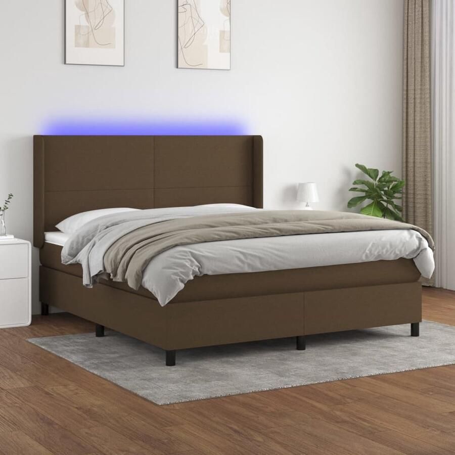 VidaXL Boxspring met matras en LED Donkerbruin 160x200 cm Boxspring Boxsprings Led Lamp Pocketveer Matras Lederlook Bruine Boxspring Tweepersoons Bed Slaapcomfort - Foto 2