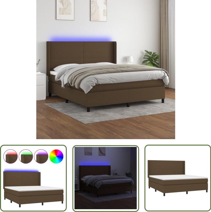 VidaXL Boxspring met matras en LED Donkerbruin 160x200 cm Boxspring Boxsprings Led Lamp Pocketveer Matras Lederlook Bruine Boxspring Tweepersoons Bed Slaapcomfort