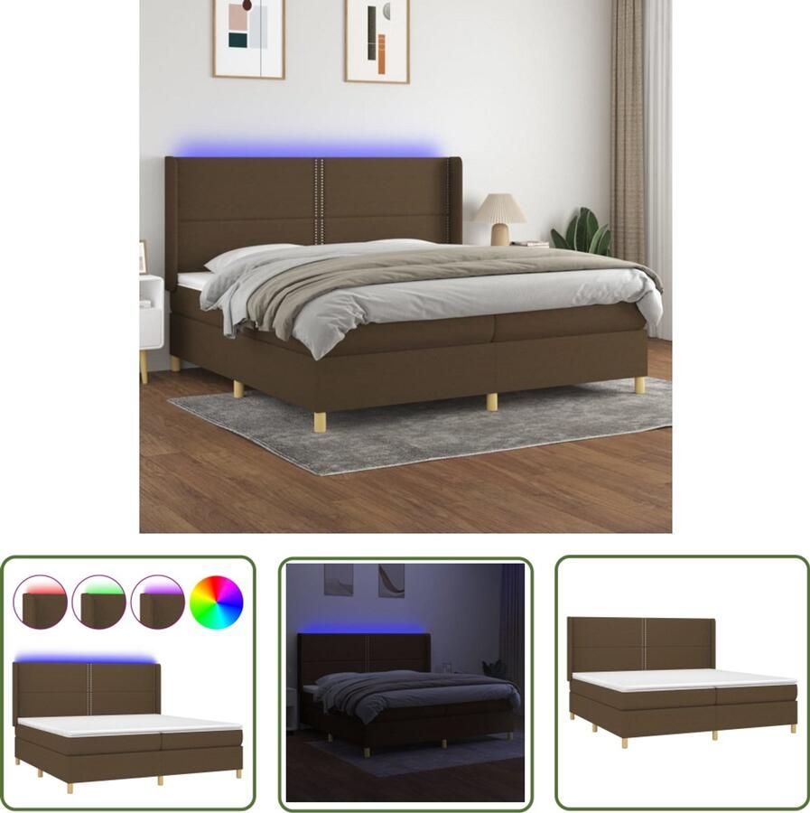 VidaXL Boxspring met matras en LED Donkerbruin 200x200 cm Boxspring Donkere Bruine Boxspring Verstelbare Boxspring Led Boxspring Met Usb Pocketed Veren Matras Lederlook Boxspring