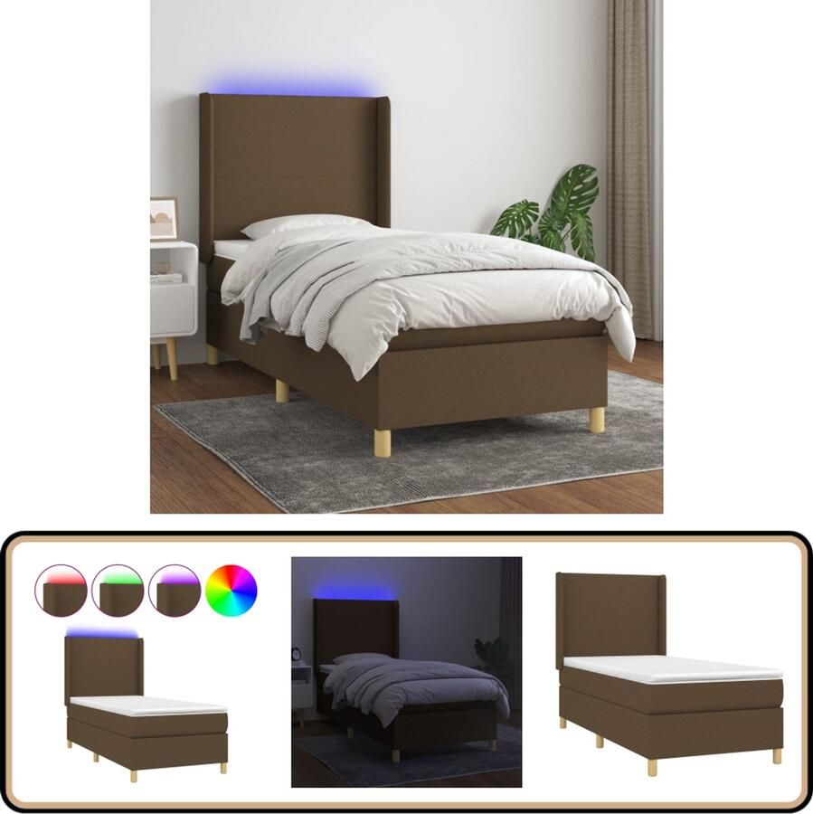 VidaXL Boxspring met matras en LED Donkerbruin 90x190 cm Boxspring Bed Donkere Bruine Led Lampje Pocketveer Matras Hoofdbord
