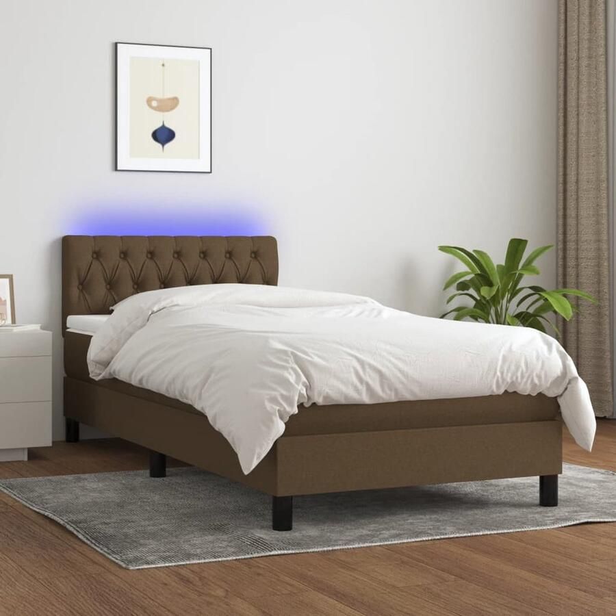 VidaXL Boxspring met matras en LED Donkerbruin 90x200 cm Boxspring Bed Frame Lederlook Bruine Bank Tweepersoons Bed King Size Bed Led Verlichting Adjustable Headboard - Foto 2