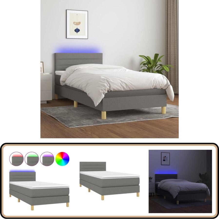 VidaXL Boxspring met matras en LED Donkergrijs 100x200 cm Boxspring Bed Frame Led Lamp Pocketed Spring Mattress Hoofdbord