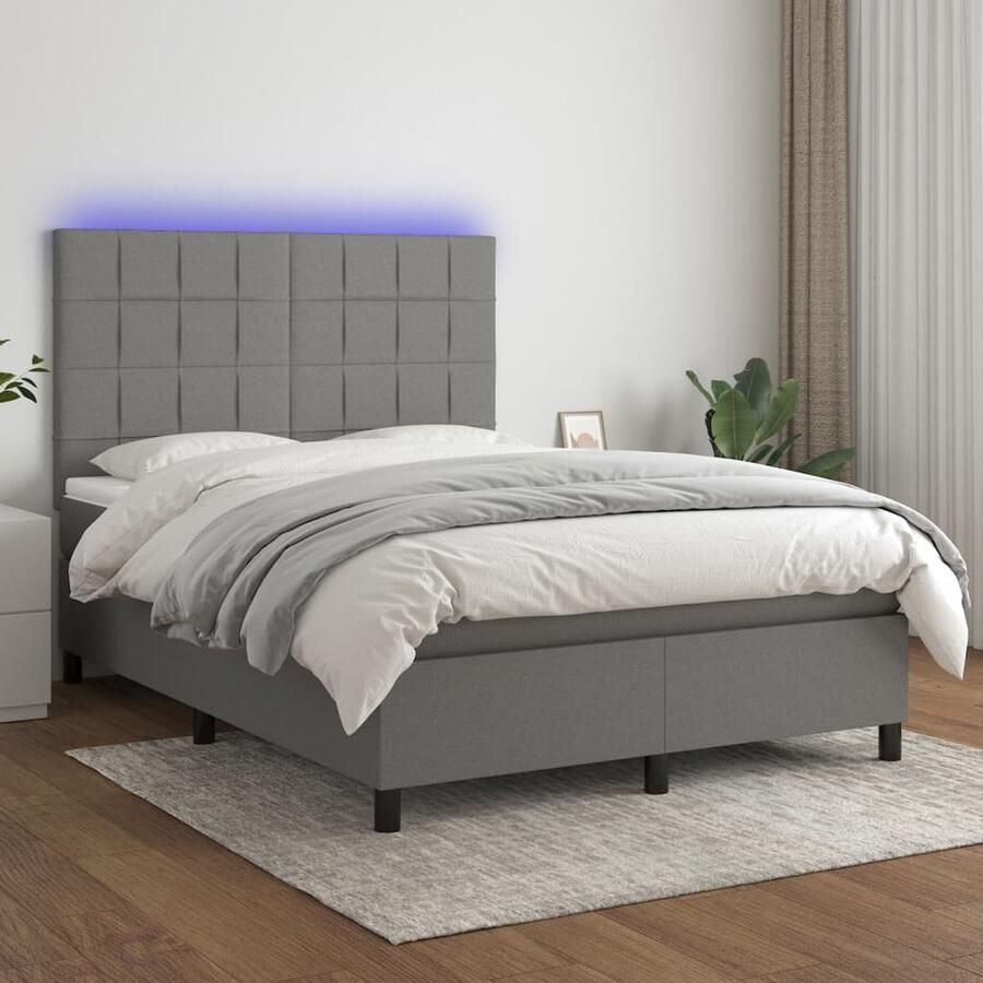 VidaXL Boxspring met matras en LED donkergrijs 140x190 Boxspring Donkere Kleuren Led Lampen Elektrisch Verstelbare Hoofdbord Pocketed Veren Matras Slaapcomfort Slaapkamers - Foto 2