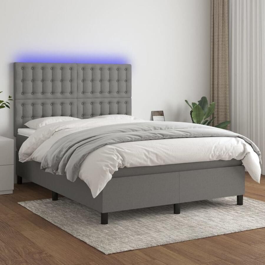VidaXL Boxspring met matras en LED Donkergrijs 140x190 cm Boxspring Led Lamp Pocketveer Matras Donkere Kleuren Slaapcomfort Hoofdbord Design Bed Bedroom Furniture - Foto 2