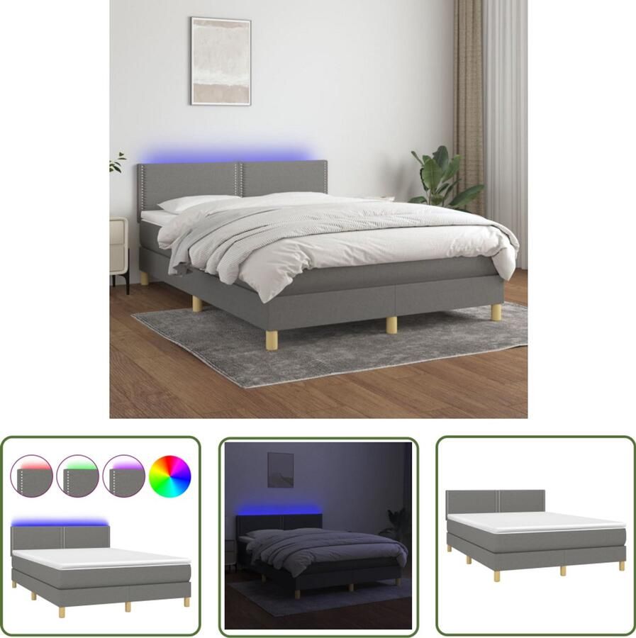 VidaXL Boxspring met matras en LED Donkergrijs 140x200 cm Boxspring Donkere Kleuren Led Lampen Pocketveer Matras Elektrisch Verstelbare Hoofdbord Slaapcomfort