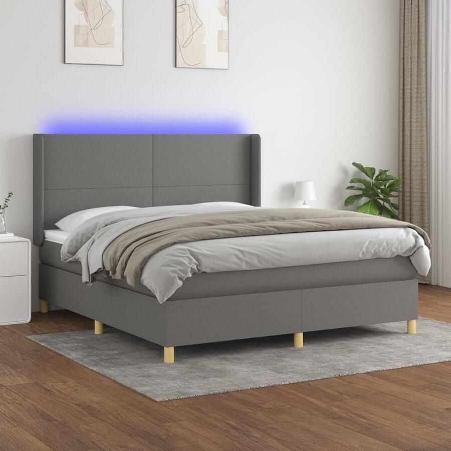 VidaXL Boxspring met matras en LED Donkergrijs 180x200 cm Boxspring Bed Donkere Kleuren Led Lampen Pocketed Spring Mattress Hoofdbord Slaapcomfort - Foto 2