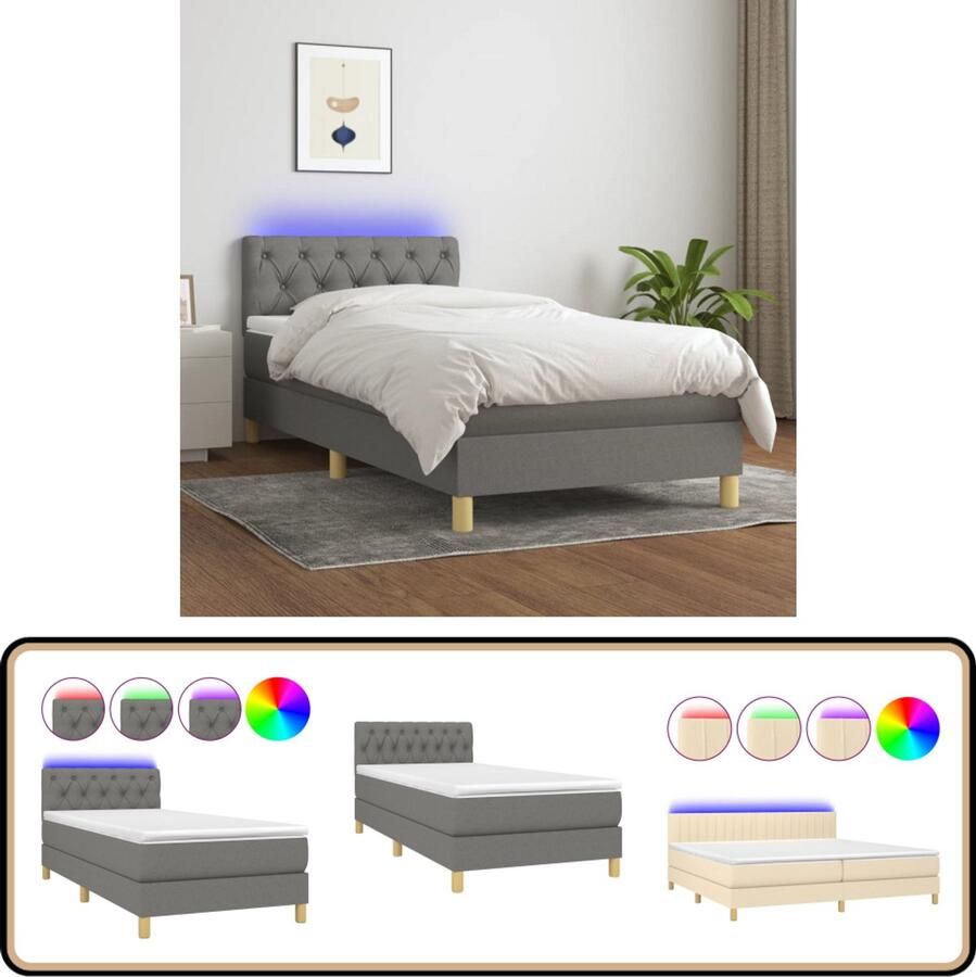 VidaXL Boxspring met matras en LED Donkergrijs 80x200 cm Boxspring Donkere Kleuren Led Lampen Verstelbare Hoofdbord Pocketvering Matras Slaapcomfort