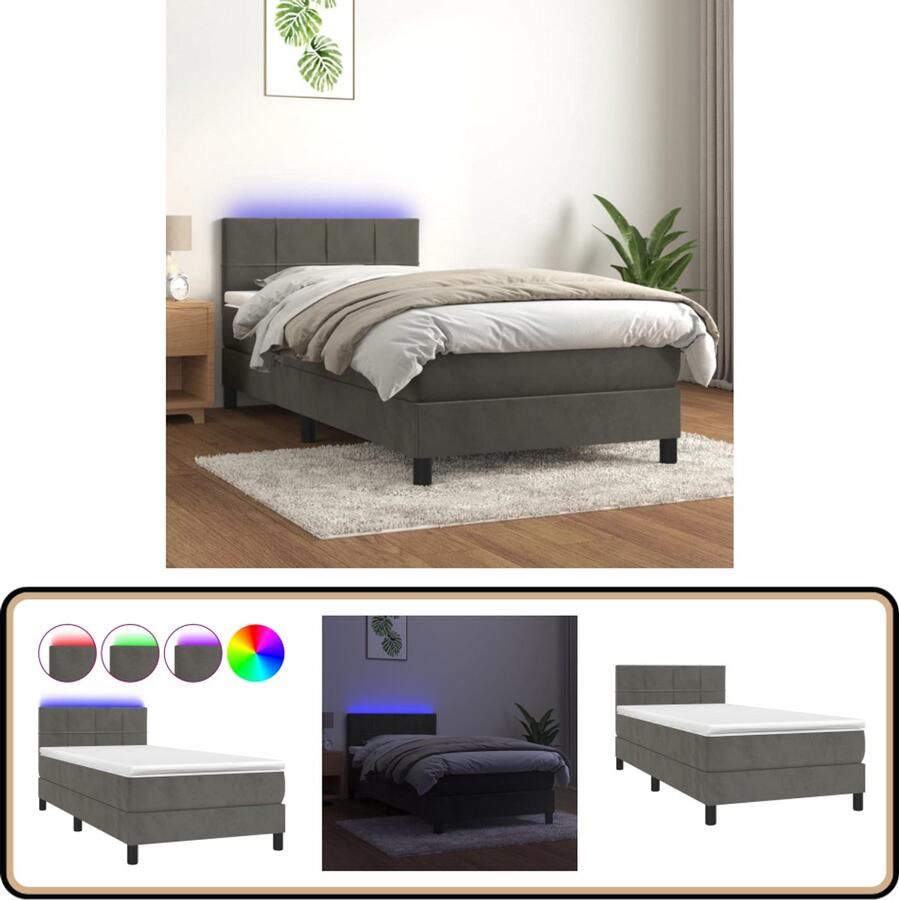 VidaXL Boxspring met matras en LED Donkergrijs 80x200 cm Boxspring Led Bed Velvet Bed Tweepersoonsbed Donkere Kleuren Slaapcomfort Hoofdbord Pocketed Spring Mattress