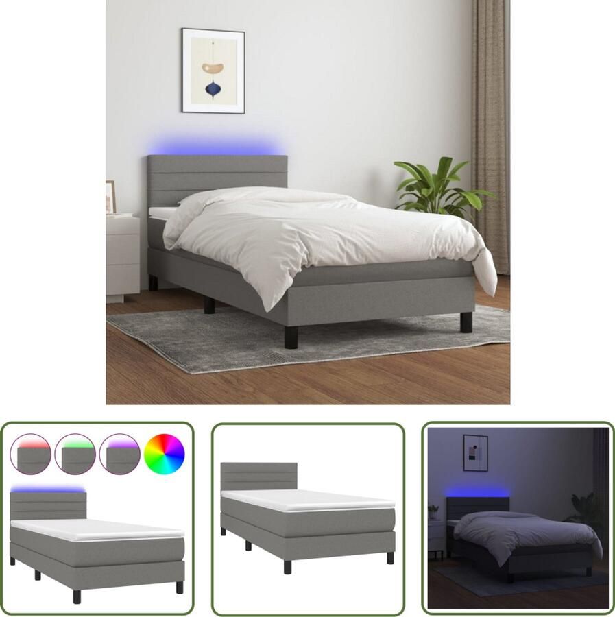 VidaXL Boxspring met matras en LED Donkergrijs 90x200 cm Boxspring Donkere Kleuren Led Lamp Pocketveer Matras Slaapcomfort Hoofdbord Design Bed Bedroom Furniture