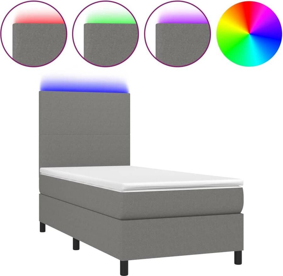 VidaXL Boxspring met LED en matras Donkergrijs 90x190 cm Boxspring Donkere Kleuren Led Lampen Pocketed Veren Slaapcomfort Slaapkamers - Foto 2