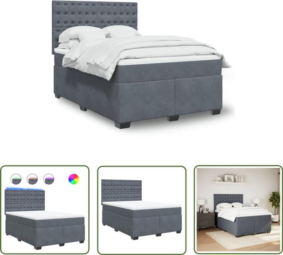 VidaXL Boxspring met matras en LED donkergrijs Boxspring Tweepersoonsbed Grijs Bed Velvet Bed Led Lamp Elektrisch Bed Hoofdbord Regulier Luxe Bed