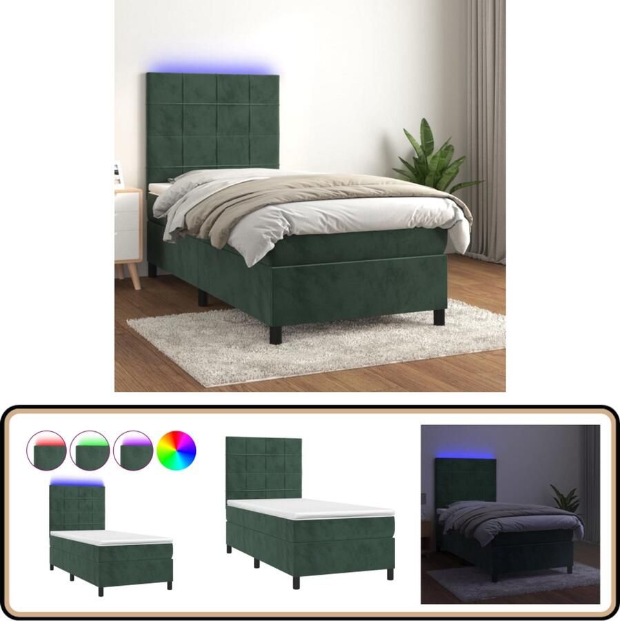 VidaXL Boxspring met matras en LED Donkergroen 80x200 cm Boxspring Donkere Kleuren Velvet Bed Verstelbare Hoofdbord Led Lampen