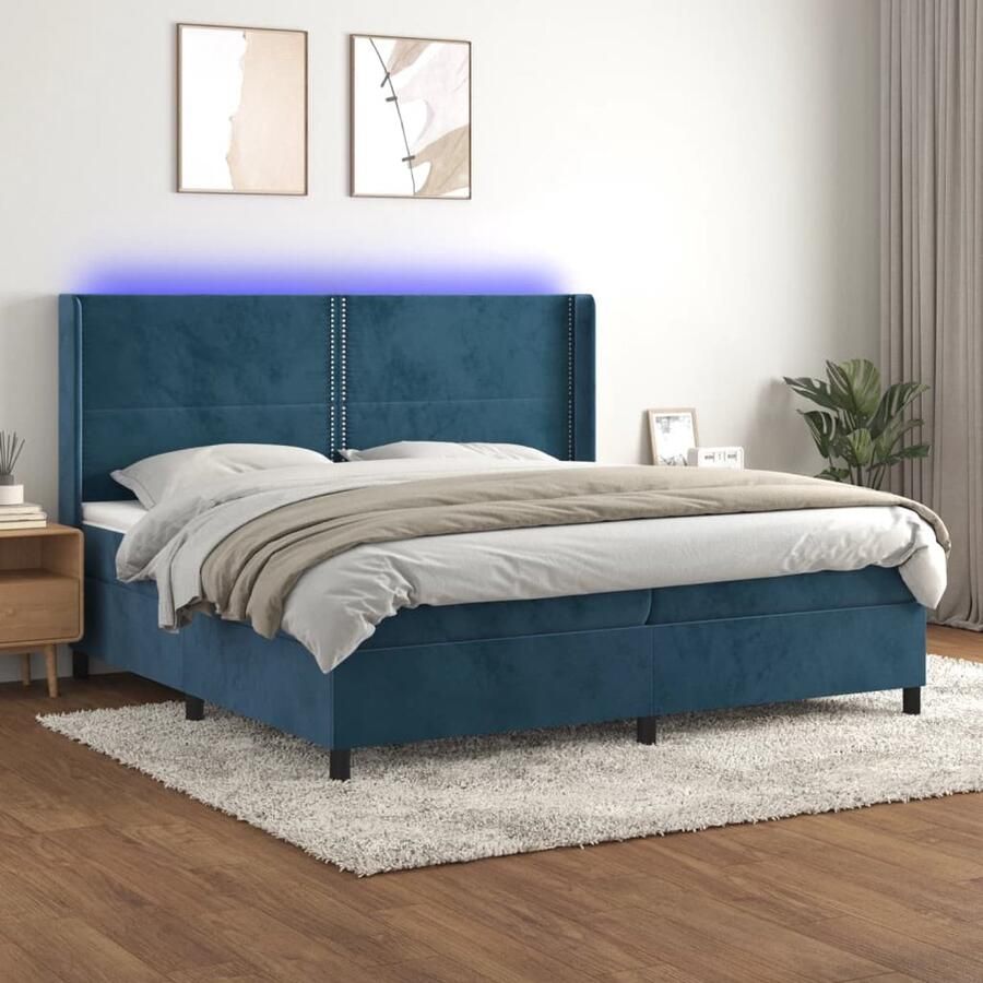 VidaXL Boxspring met matras en LED Fluweel 200x200 cm Boxspring Fluweel Bed Donkere Blauwe Bedden Led Bed Pocketed Spring Mattress King Size Bed - Foto 2