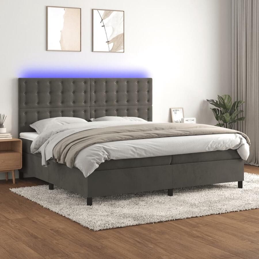 VidaXL Boxspring met Matras en LED Fluweel 200x200 cm Boxspring Led Boxspring Donkere Kleuren Velvet Bed Tweepersoons Bed Pocketed Spring Mattress Adjustable Headboard - Foto 2