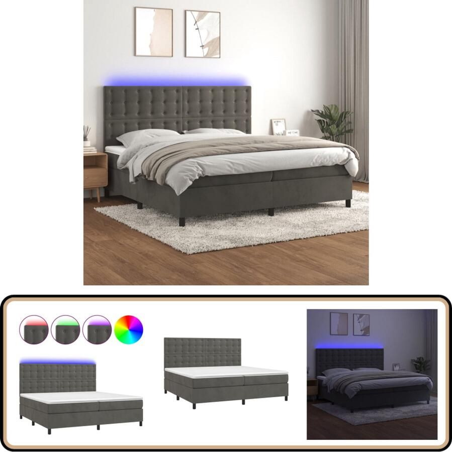 VidaXL Boxspring met Matras en LED Fluweel 200x200 cm Boxspring Led Boxspring Donkere Kleuren Velvet Bed Tweepersoons Bed Pocketed Spring Mattress Adjustable Headboard