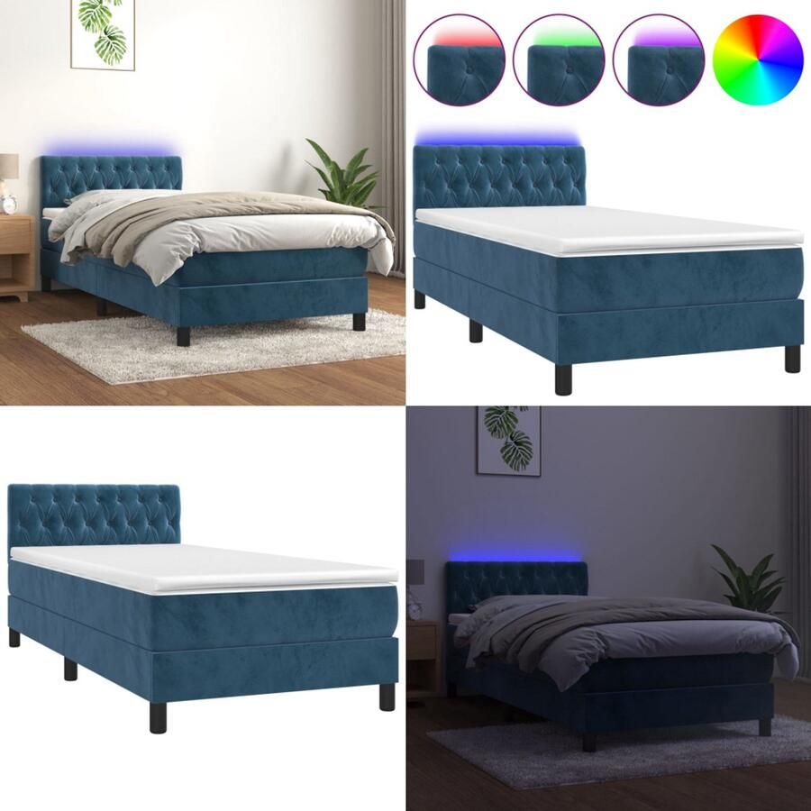 VidaXL Boxspring met matras en LED fluweel donkerblauw 100x200 cm Boxspring Boxsprings Bed Slaapmeubel