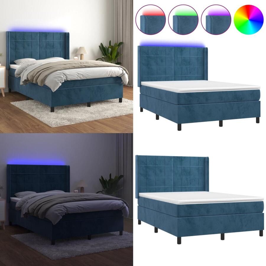 VidaXL Boxspring met matras en LED fluweel donkerblauw 140x190 cm Boxspring Boxsprings Bed Slaapmeubel