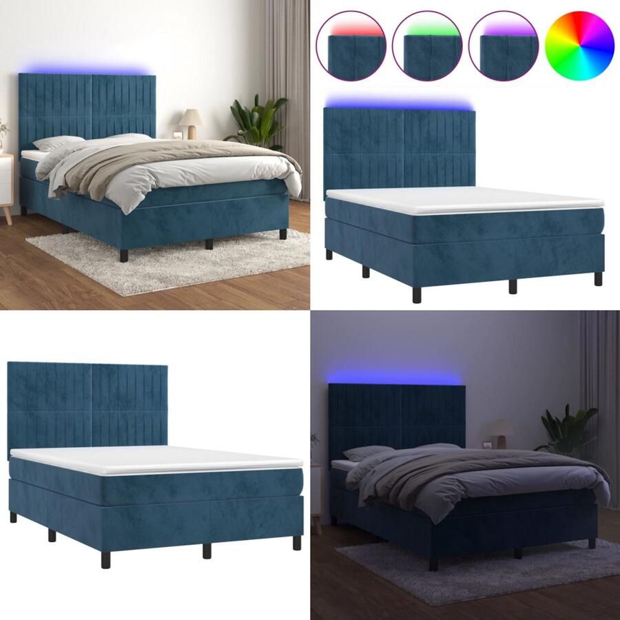 VidaXL Boxspring met matras en LED fluweel donkerblauw 140x190 cm Boxspring Boxsprings Bed Slaapmeubel