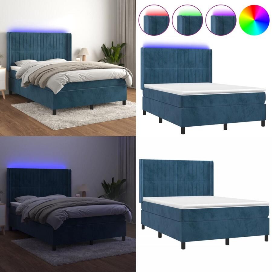 VidaXL Boxspring met matras en LED fluweel donkerblauw 140x190 cm Boxspring Boxsprings Bed Slaapmeubel